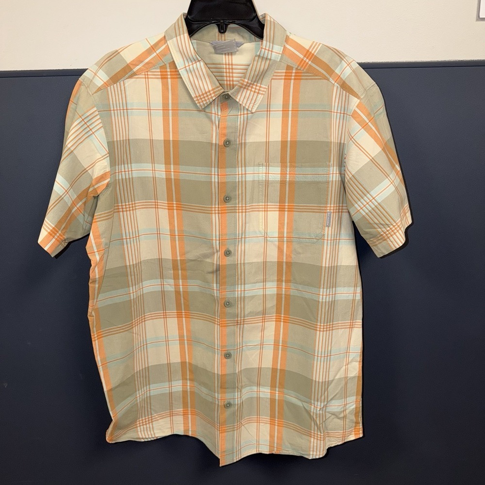 COLUMBIA Mens Size Large Plaid Casual Cotton Shirt Orange Tan Cream Checkered